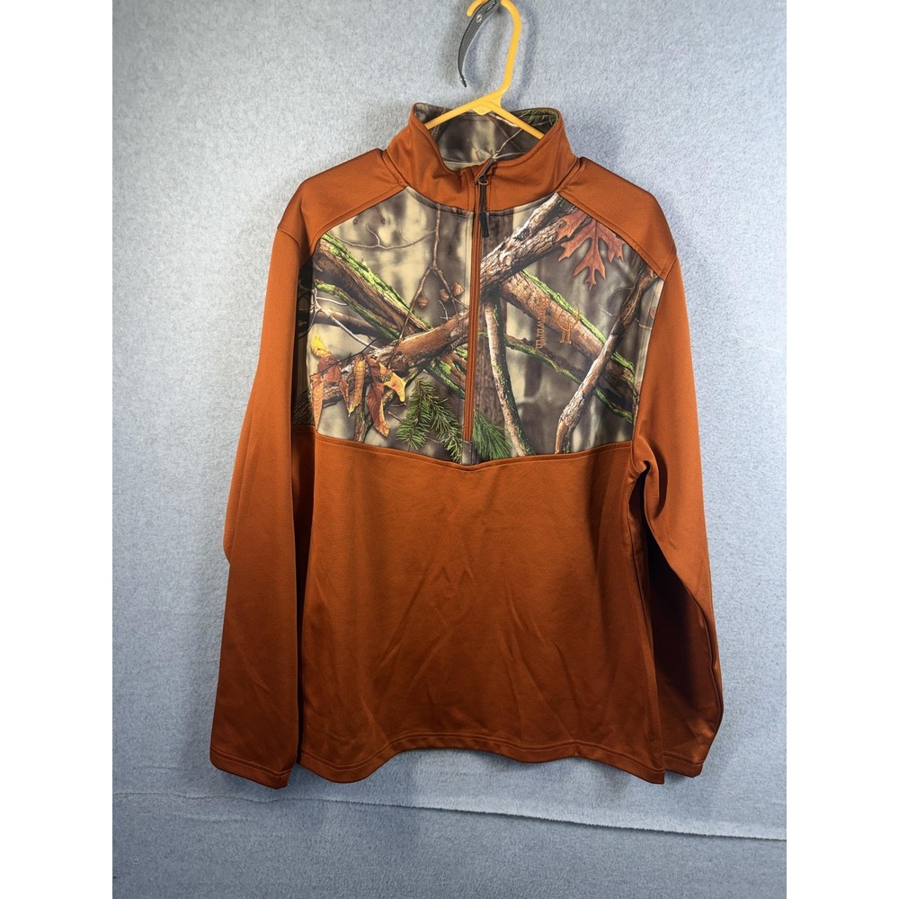 Huntworth Pullover Mens Large Orange Camo Fleece 1/4 Zip Mock Neck Hunting